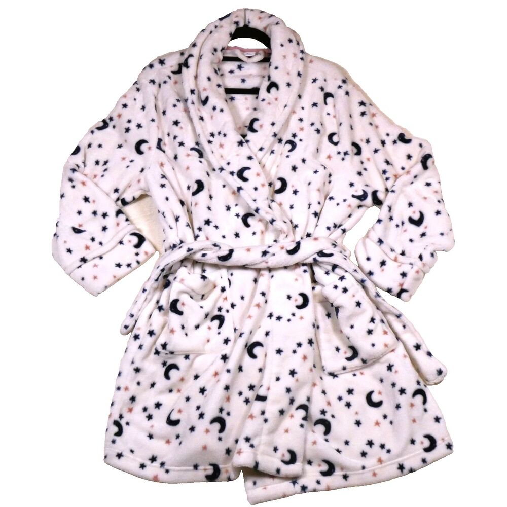 T11  Sonoma Plush Short Robe Size L Celestial Moon & Stars White Bathrobe